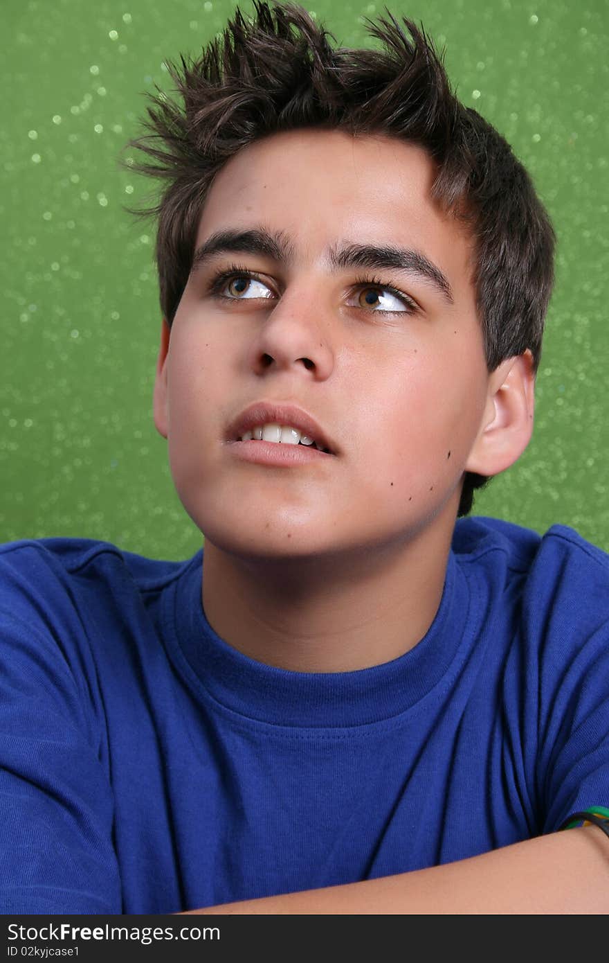 Brunette teenage male against a green background. Brunette teenage male against a green background