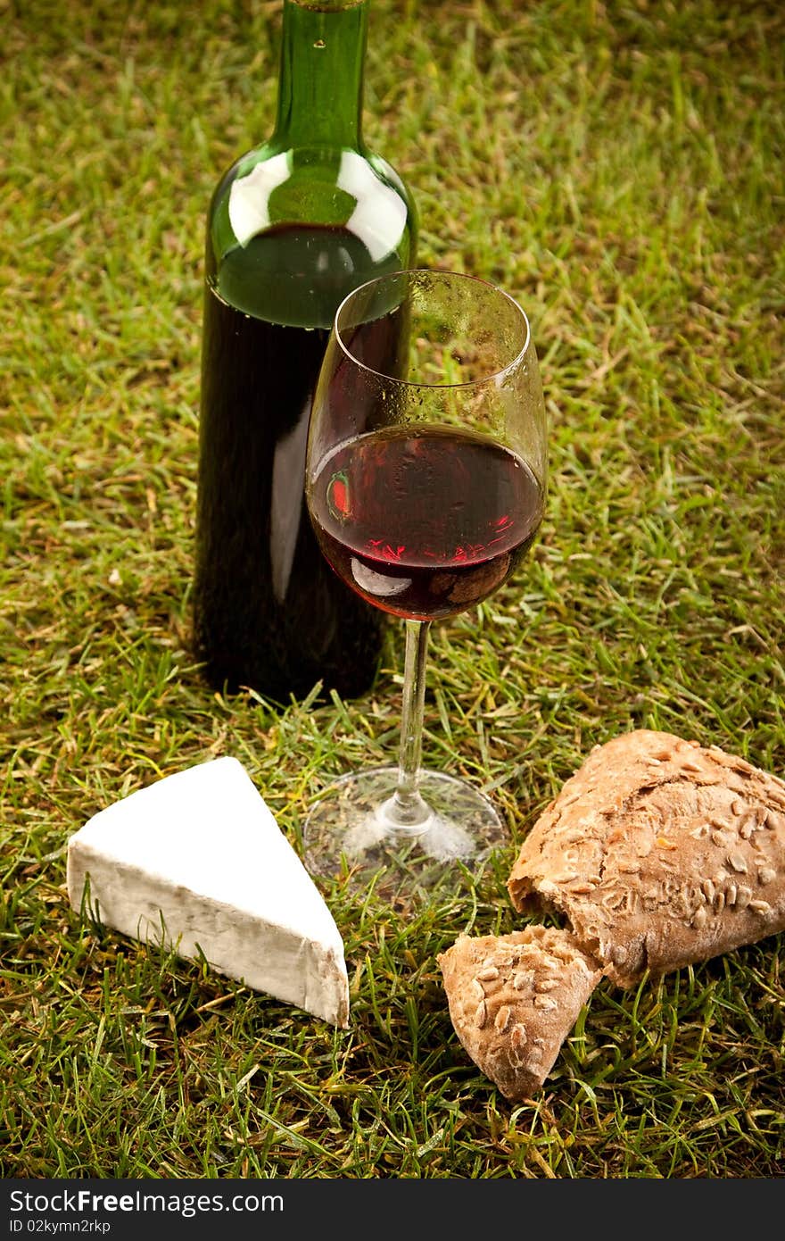 Wine picnic on grass with cheese, bread and other food.