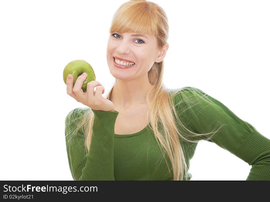 Green apple in a hand on white background. Green apple in a hand on white background