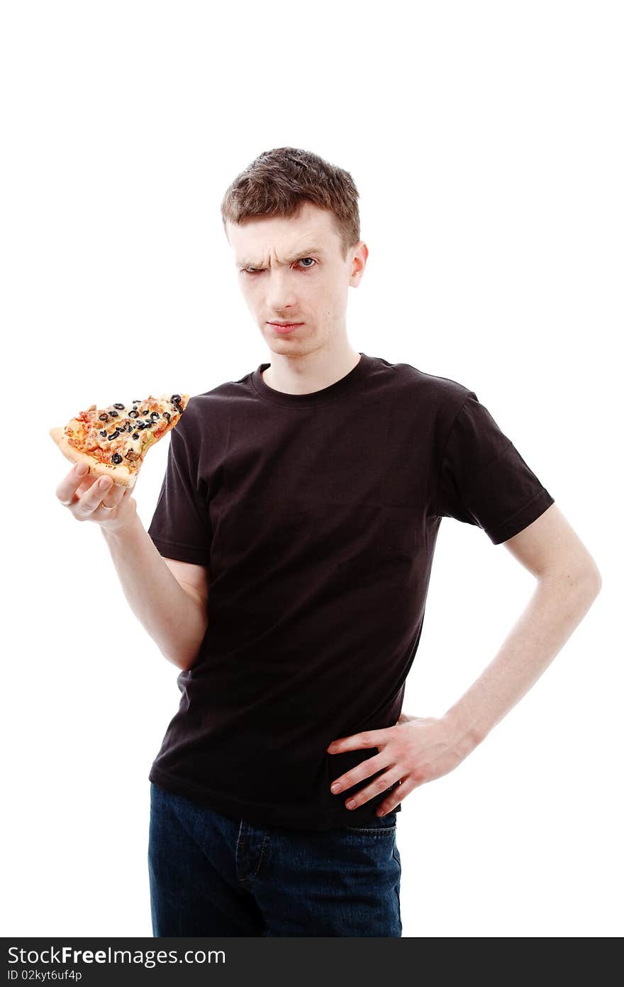 Gloomy man with pizza isolated on white
