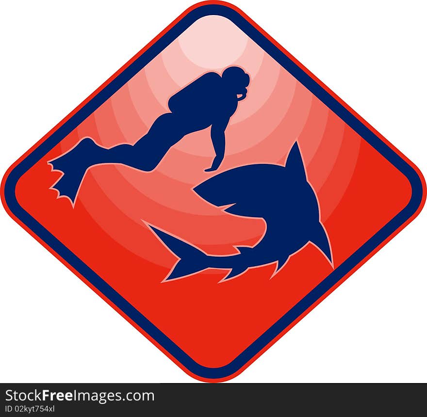 Illustration of a Scuba diver and shark confrontation in silhouette set inside a diamond.