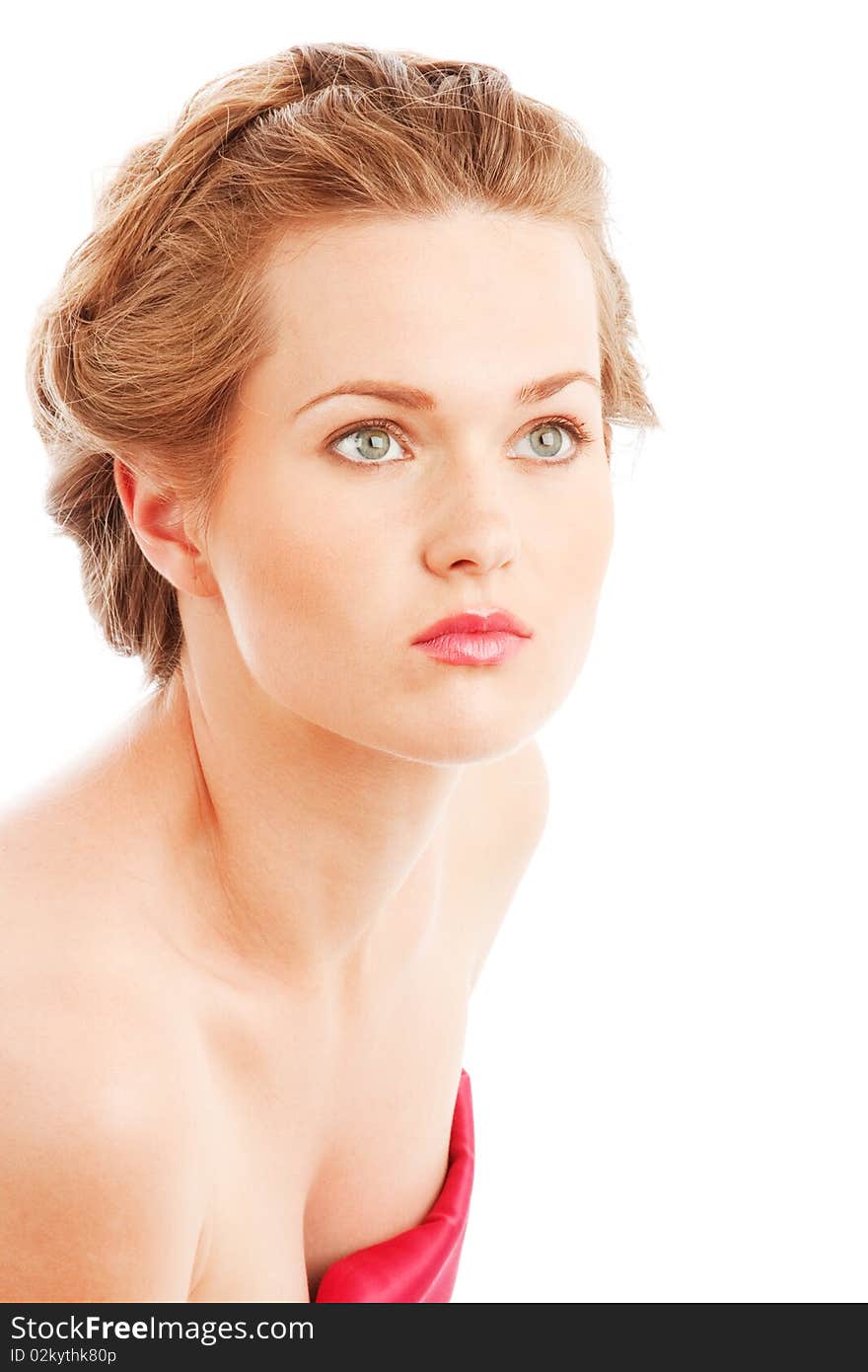 Close up portrait of young woman in red dress isolated on white