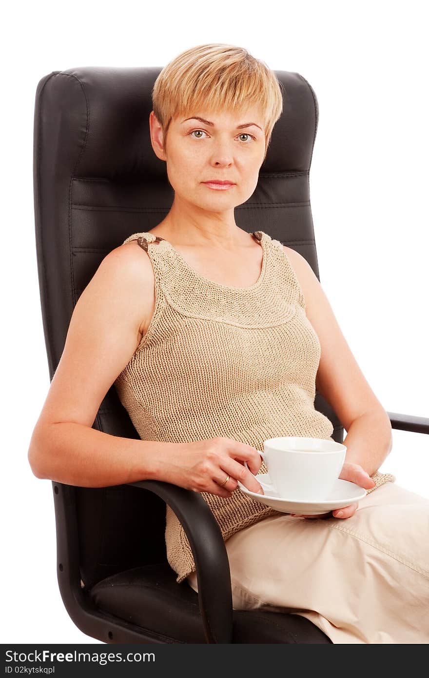 Woman with cup of coffee/tea isolated on white