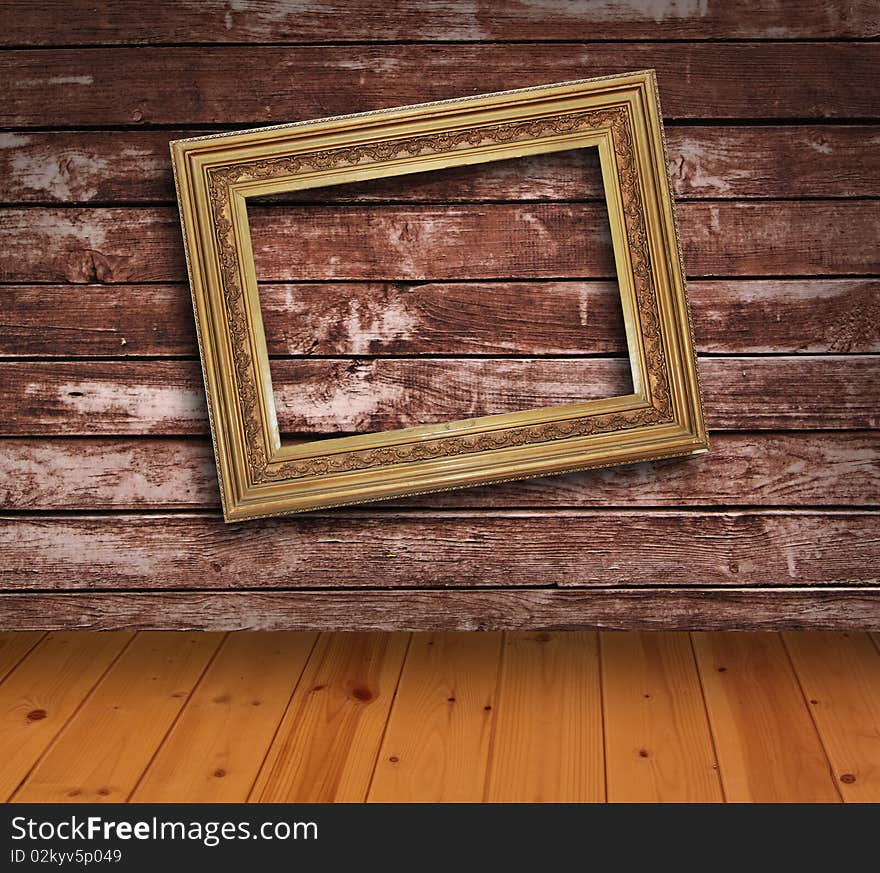 Wooden grunge interior with picture frame