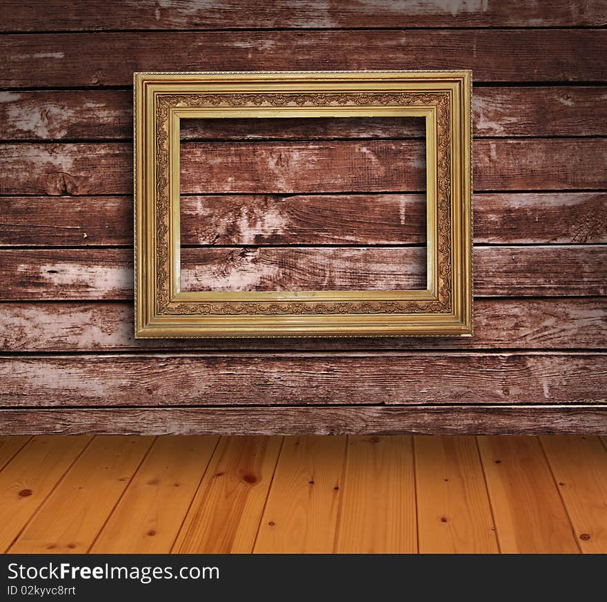 Wooden grunge interior with picture frame