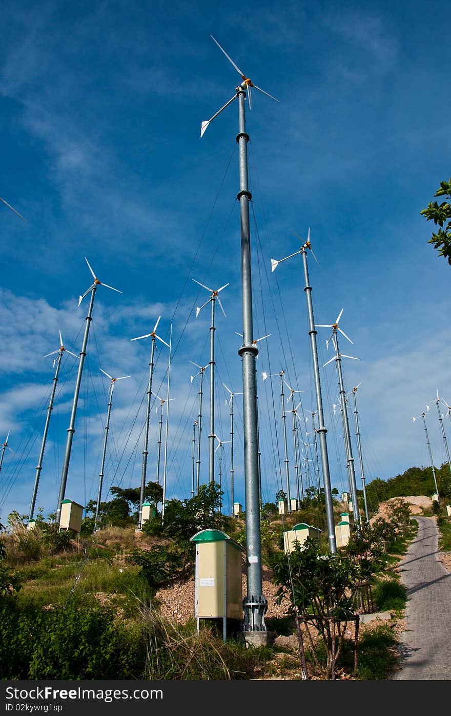 Wind turbines farm on island , Thailand