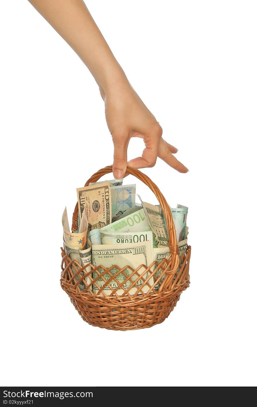 Woman holding a basket with money for buying some goods. Woman holding a basket with money for buying some goods