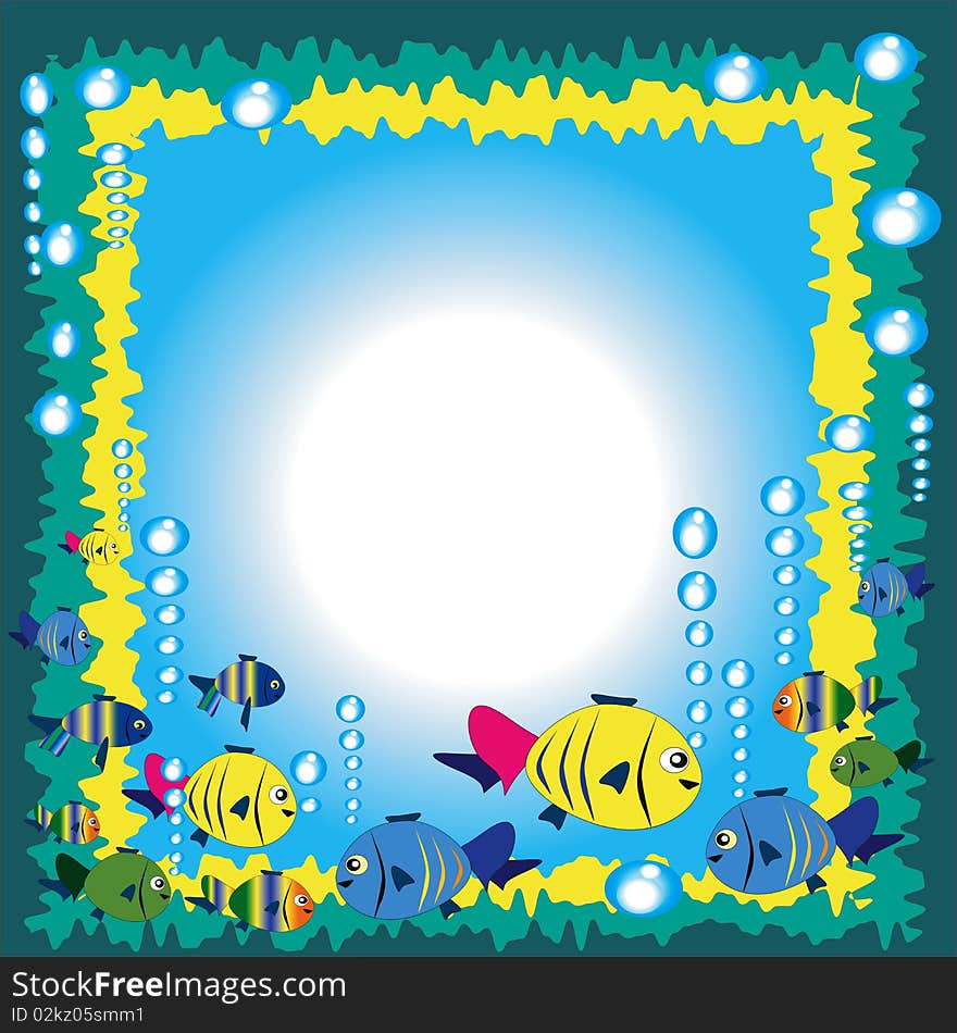 Sea frame with fishes,bubbles,blue background.