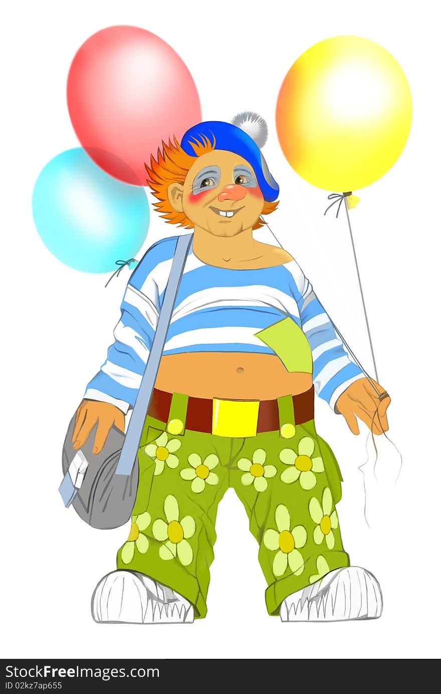 Red-haired clown in striped vest and with three balloons, on white background