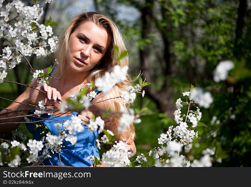 Young blonde model in cherry garden in spring