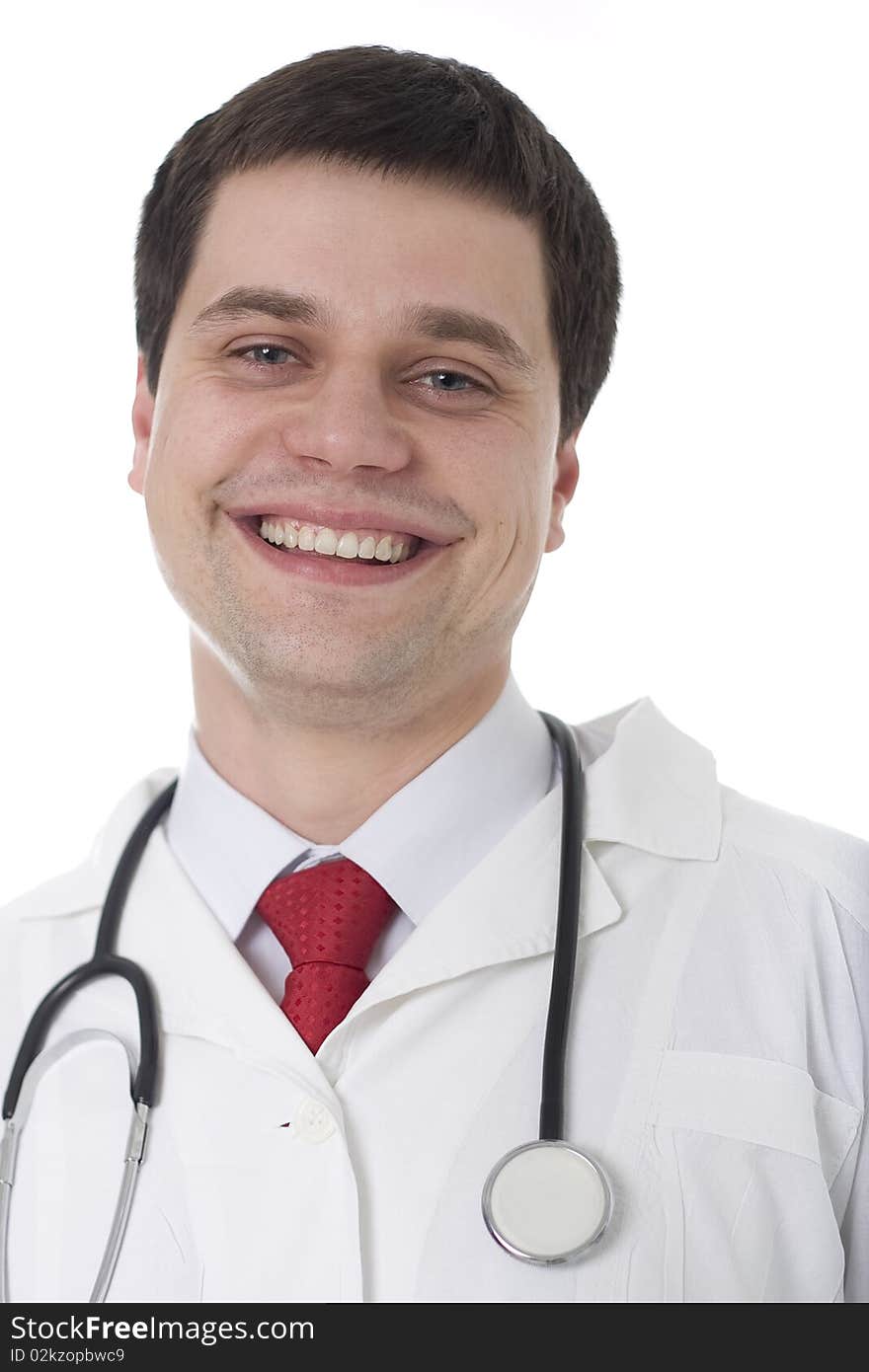 Smiling medical doctor with stethoscope. Isolated on white bacground.