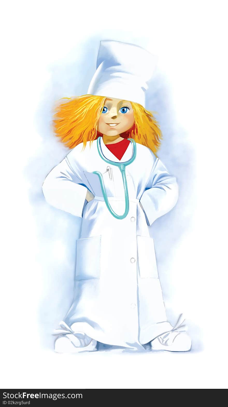 Little girl in doctor robe, role-playing, watercolour paint and photoshop