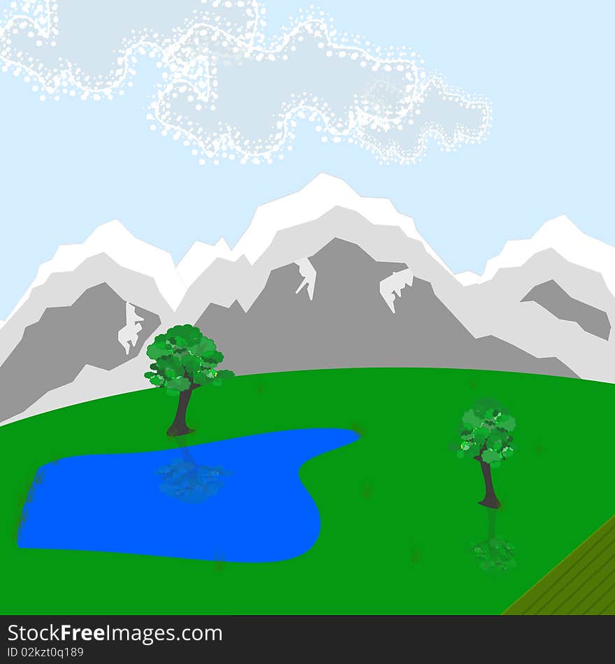 Illustration of nice landscape with trees lake and field. Illustration of nice landscape with trees lake and field