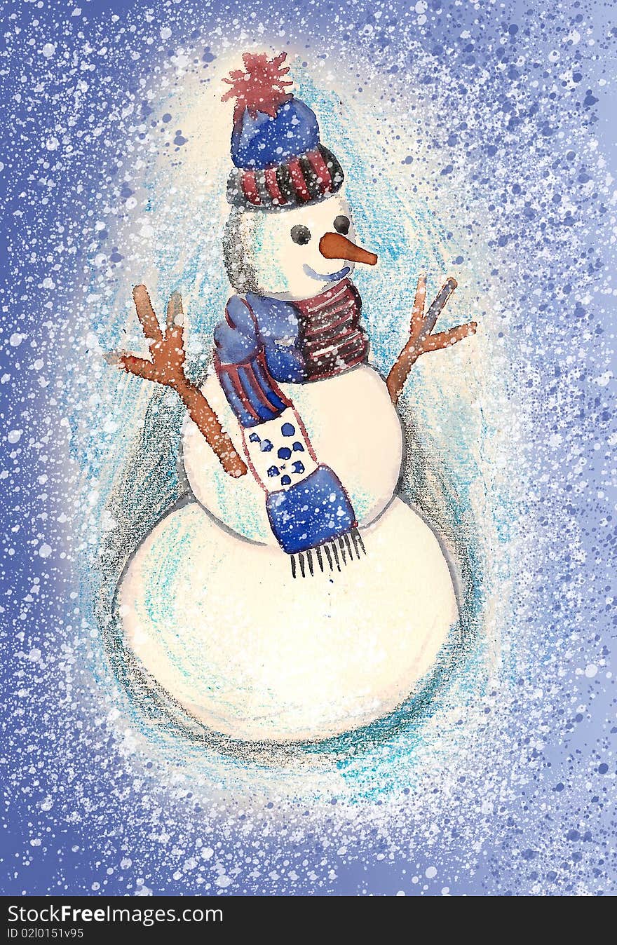 Snow man in blue scarf