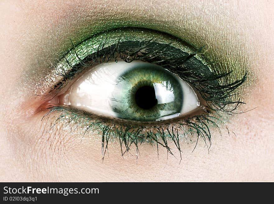 A macro close up of a womans green eye. A macro close up of a womans green eye.