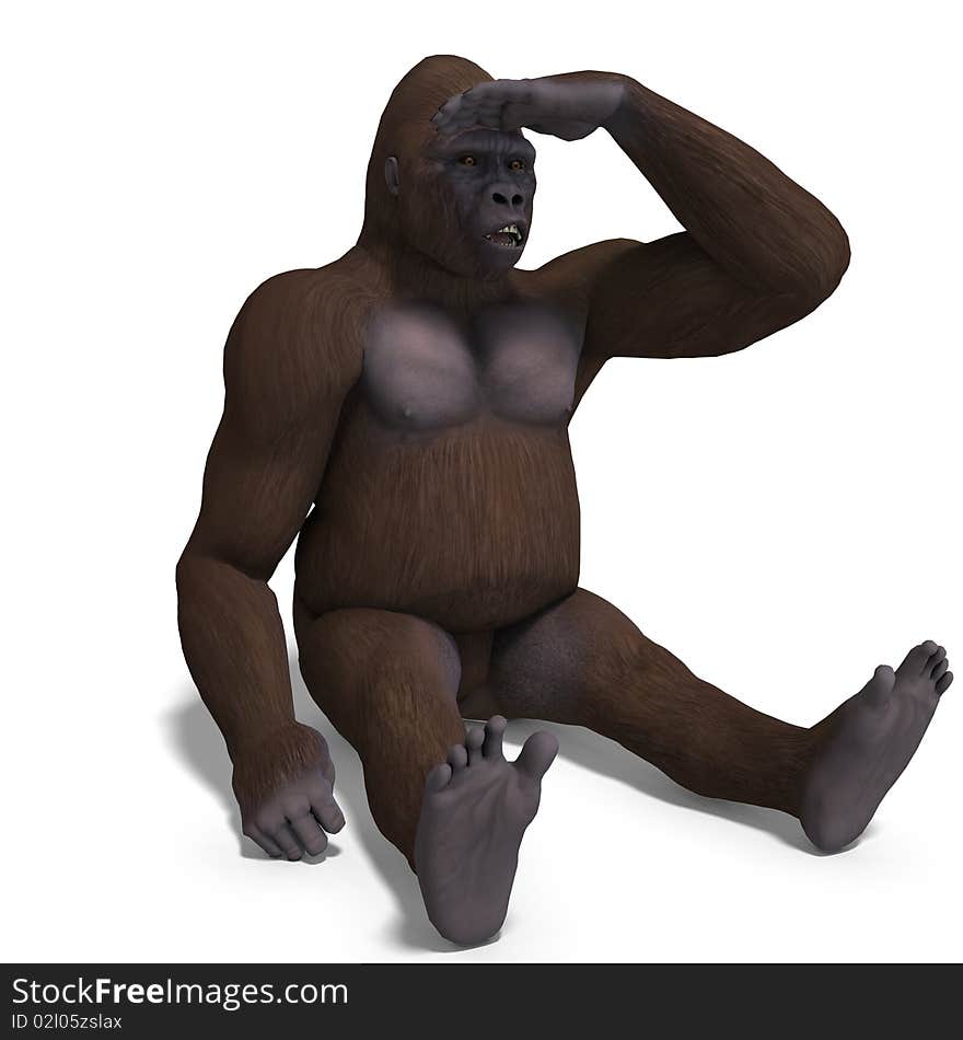 Gorilla watching something. 3D rendering with clipping path and shadow over white