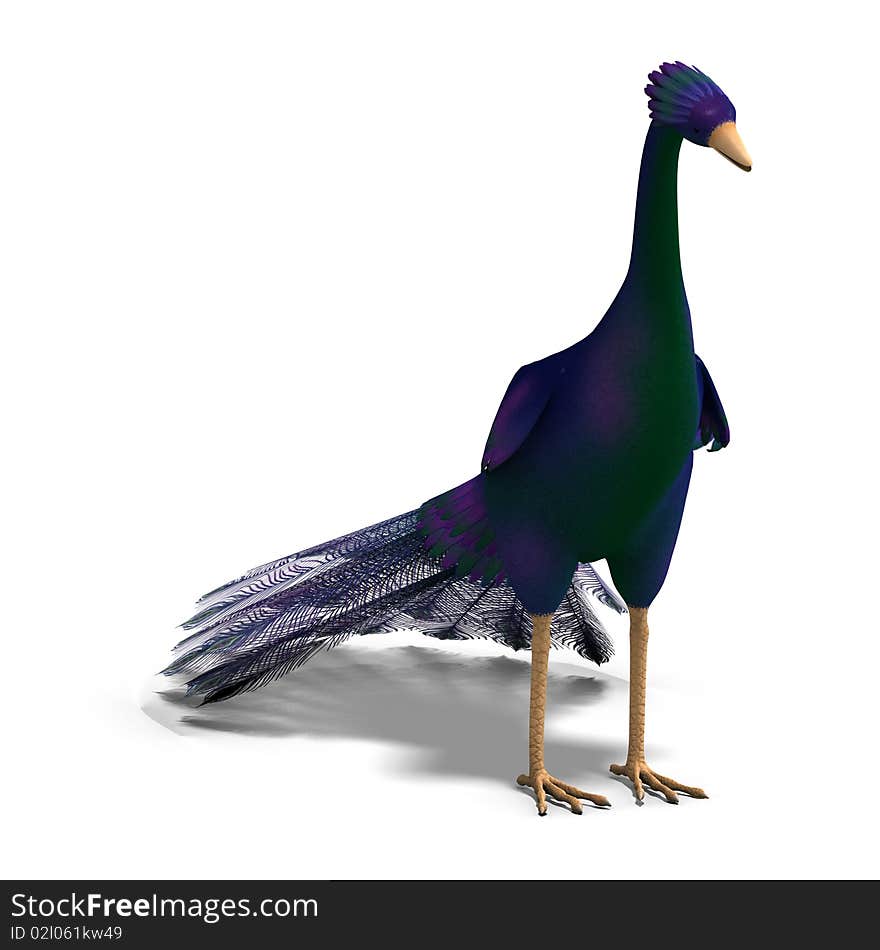 Blue fantasy bird with beautiful feathers. 3D rendering with clipping path and shadow over white