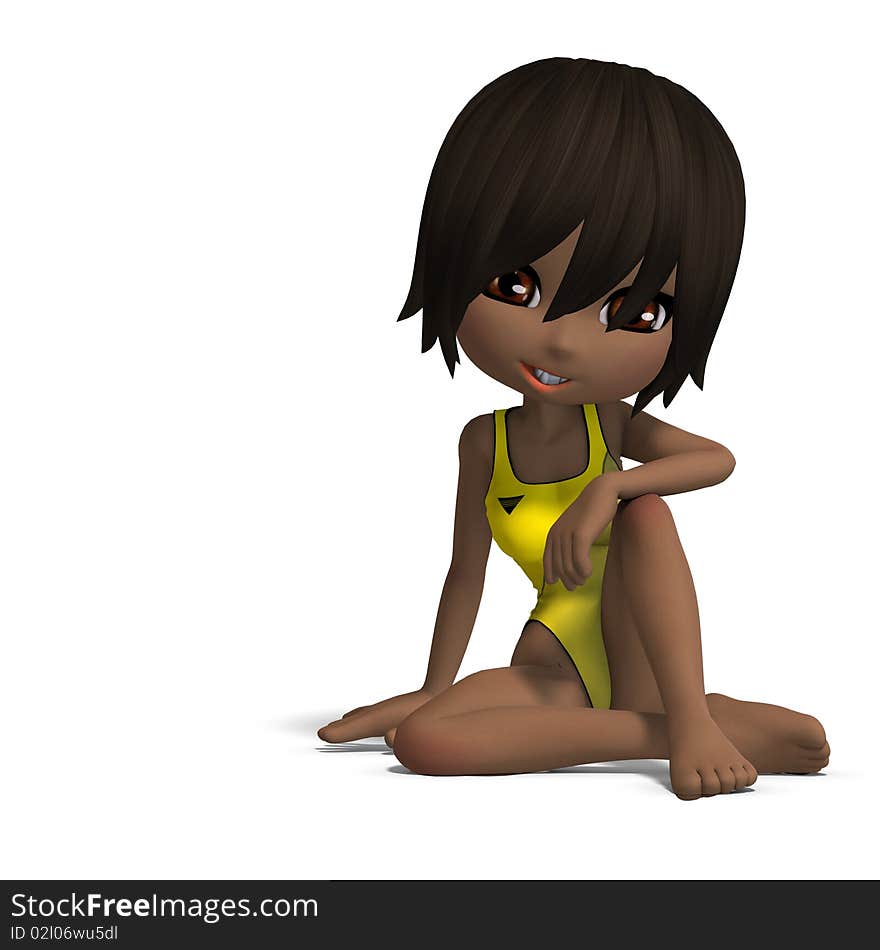 Beautiful cartoon girl in a onepiece swimsuit. 3D rendering with clipping path and shadow over white