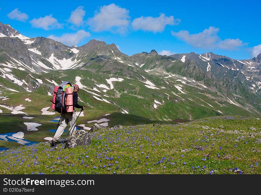 Hiker boy in Caucasus mountains. Hiker boy in Caucasus mountains