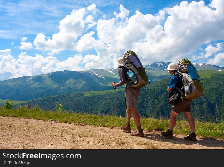 Hiker group in Caucasus mountains