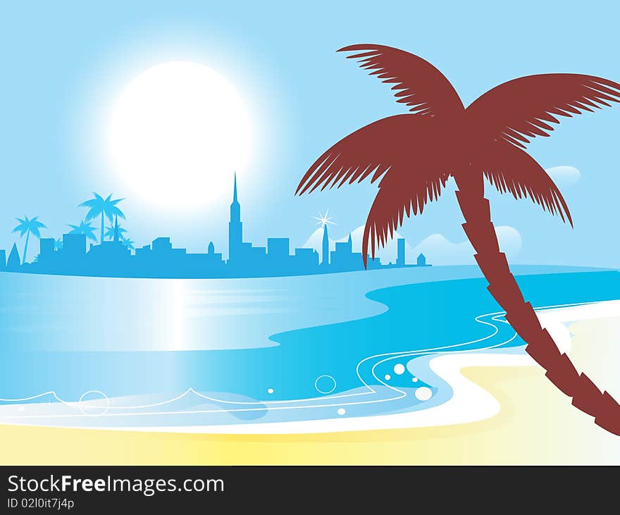 Vector illustration - tropical landscape island with sea, beach and palm trees. Vector illustration - tropical landscape island with sea, beach and palm trees.