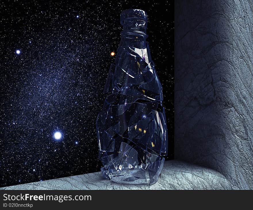 Hq image of droped glass bottle on sky background. Hq image of droped glass bottle on sky background