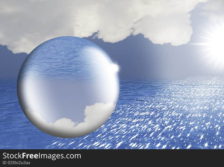 This image shows a sea of clouds and sun, and its replica in a drop of water. This image shows a sea of clouds and sun, and its replica in a drop of water