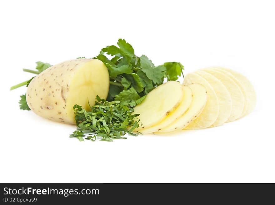 Sliced Potatoes and chips / crisps isolated on a white background. Sliced Potatoes and chips / crisps isolated on a white background