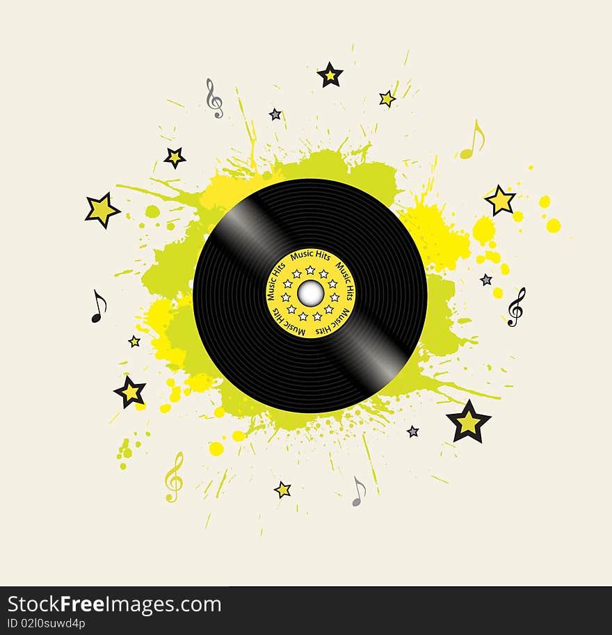 Music background with vinyl plate and ink splashes