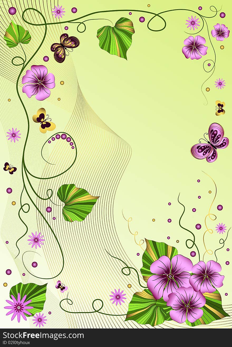 Decorative green floral  frame with garland and  butterflies. Decorative green floral  frame with garland and  butterflies