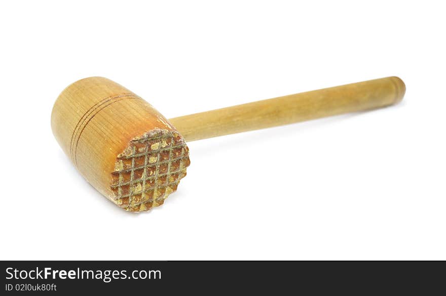 Used wooden meat hammer isolated on white