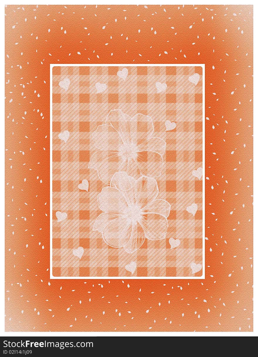 A beautiful orange  invitation card with  flowers and hearts  background