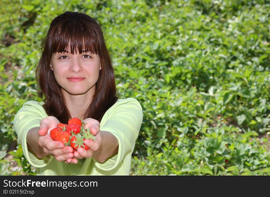 A beautiful woman offering fresh strawberries in a field holding her hands out. A beautiful woman offering fresh strawberries in a field holding her hands out