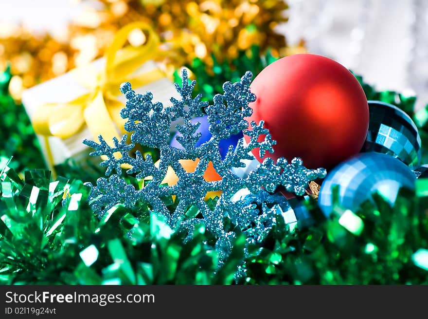 Colorful Christmas decoration with baubles and snowflake