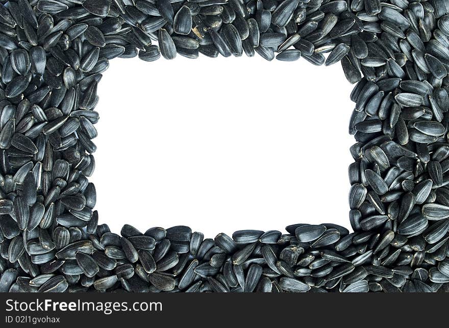 Square frame made of sunflower seeds. Isolated over white background