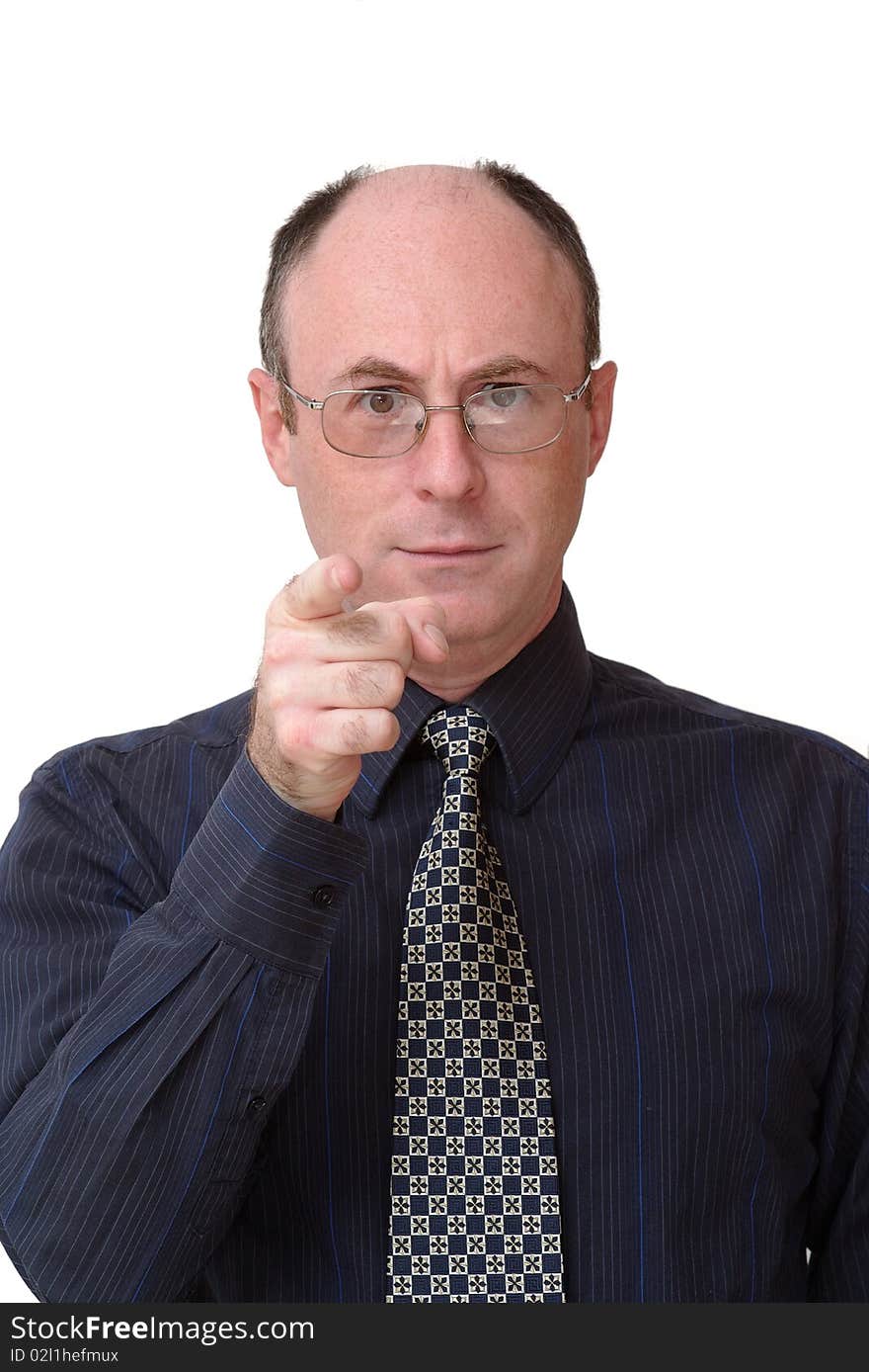 Business man points his index finger towards the camera isolated