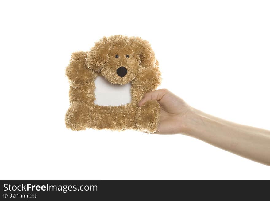 Soft toys, photo frame in hand isolated on white background