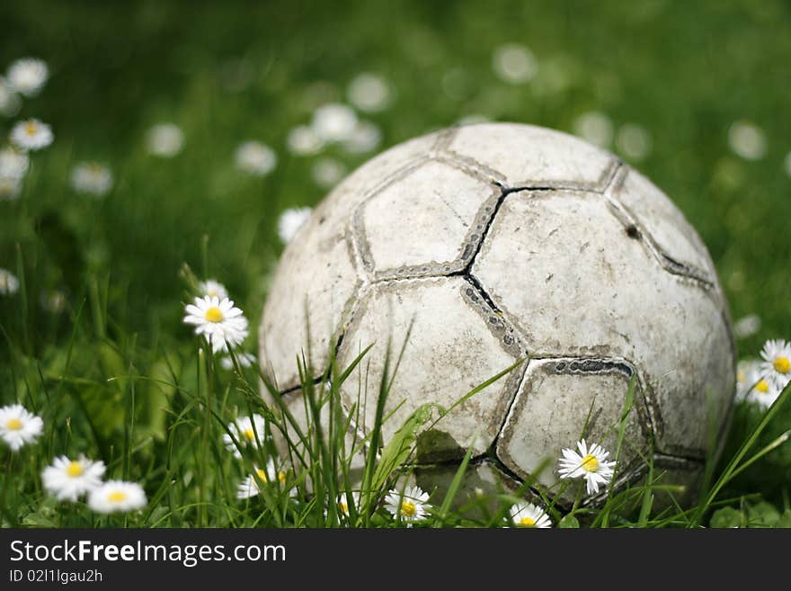 Old soccerball / football in the grass