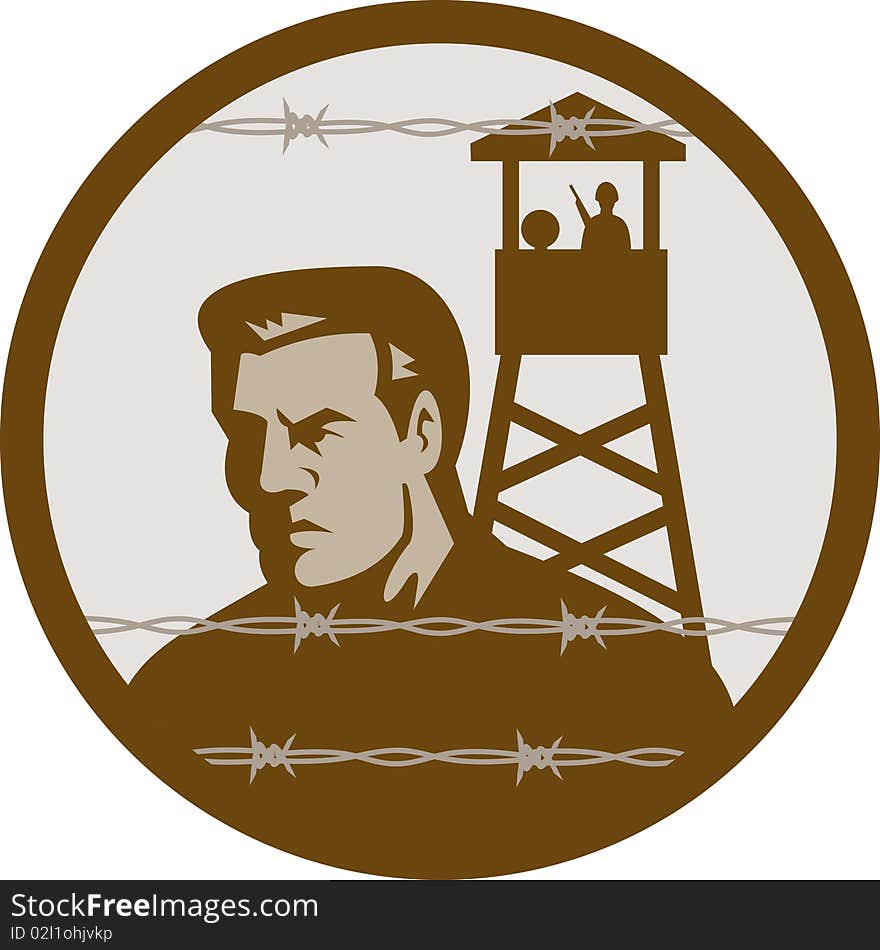 Illustration of a Prisoner of war in a concentration camp with guard tower in background and barbed wire in foreground. Illustration of a Prisoner of war in a concentration camp with guard tower in background and barbed wire in foreground.