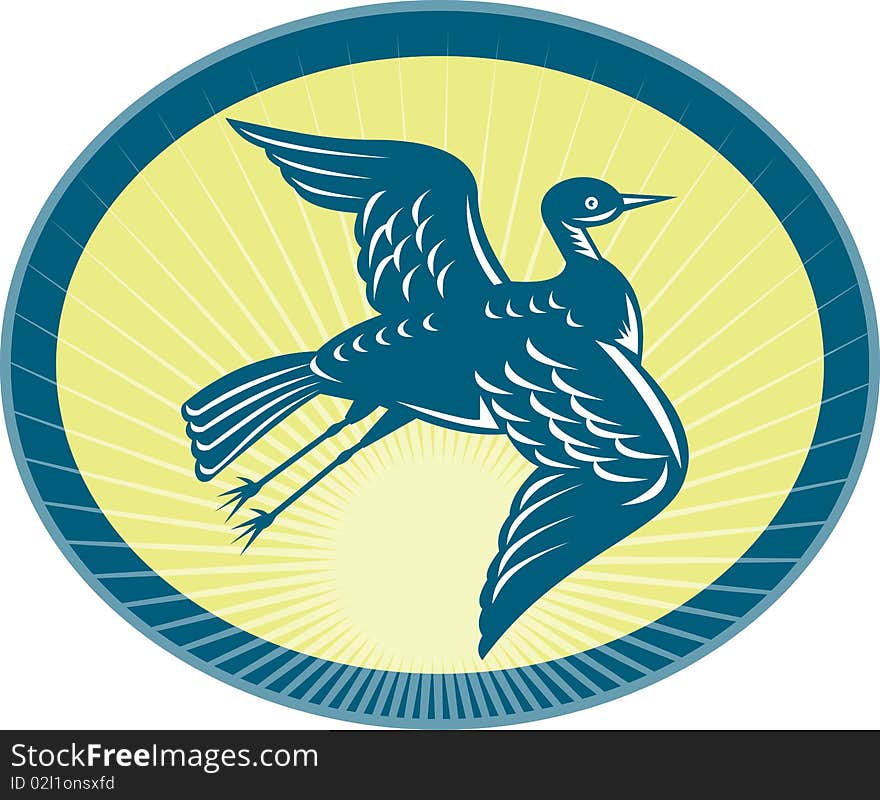 Illustration of a heron flying up side view with sunburst in background.