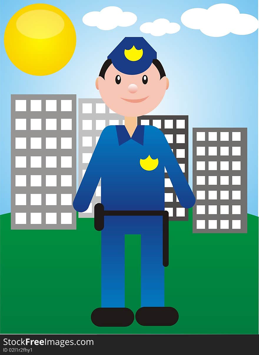 Policeman taking care of the city in a happy sunny day