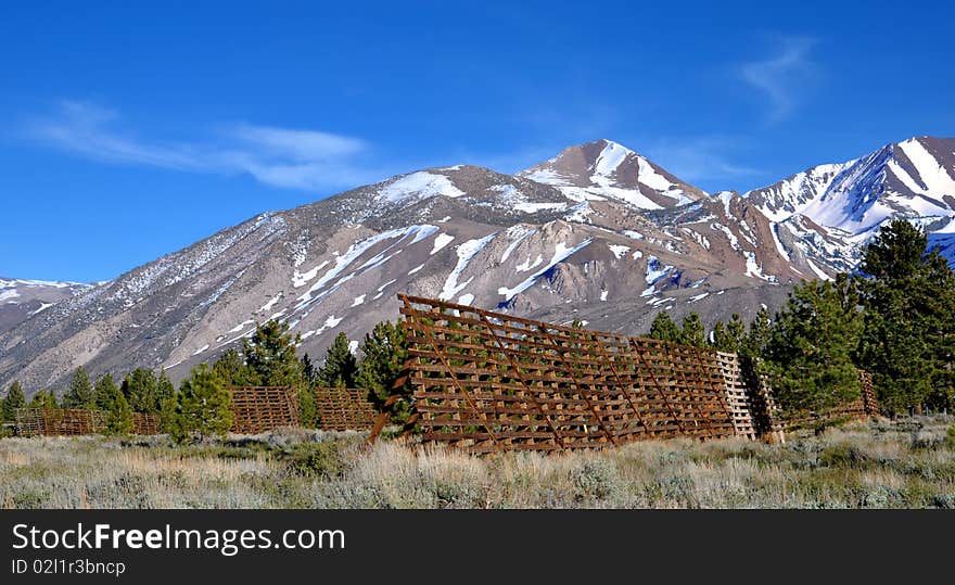 A parallel series of snow fences near Mammoth Lakes, CA.