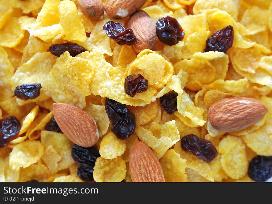 Healthy cereal with raisins and nuts