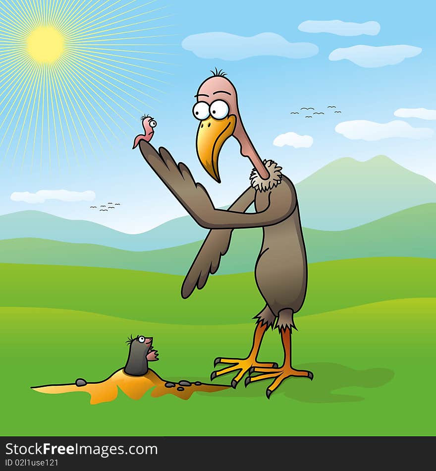 Cartoon vector illustration of vulture who save cute worm from mole.
Full compatible. Created with linear gradients. Named in layers.