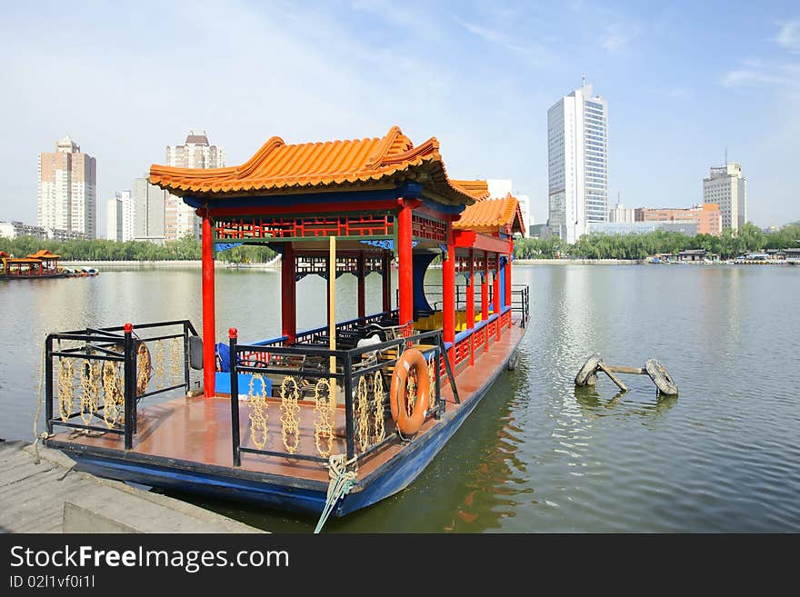 Yacht docked at the pier in Yingze Park, Taiyuan,Shanxi,China.