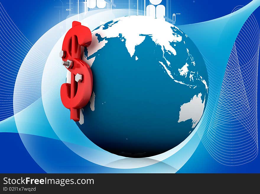 Highly rendering of 3d globe and dollar sign in color background. Highly rendering of 3d globe and dollar sign in color background