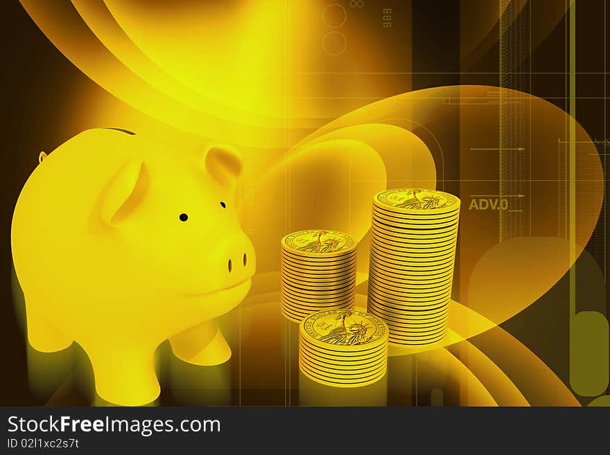 Piggy bank and gold coins