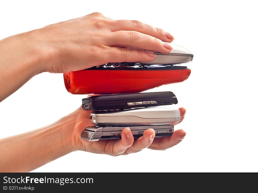 Hill from mobile phones in woman's hands. studio shot. Hill from mobile phones in woman's hands. studio shot