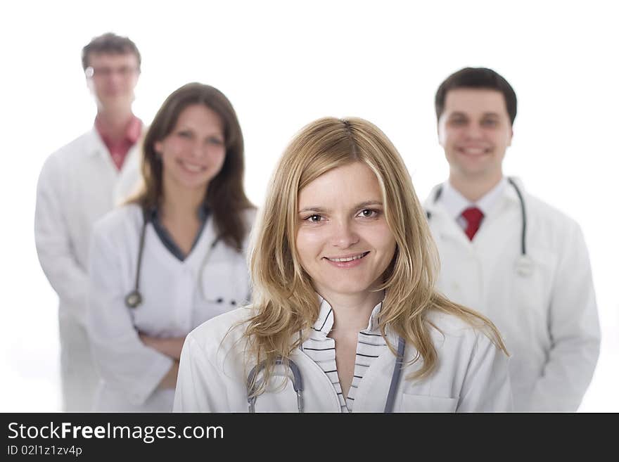 Smiling medical doctors with stethoscopes. Isolated over white background