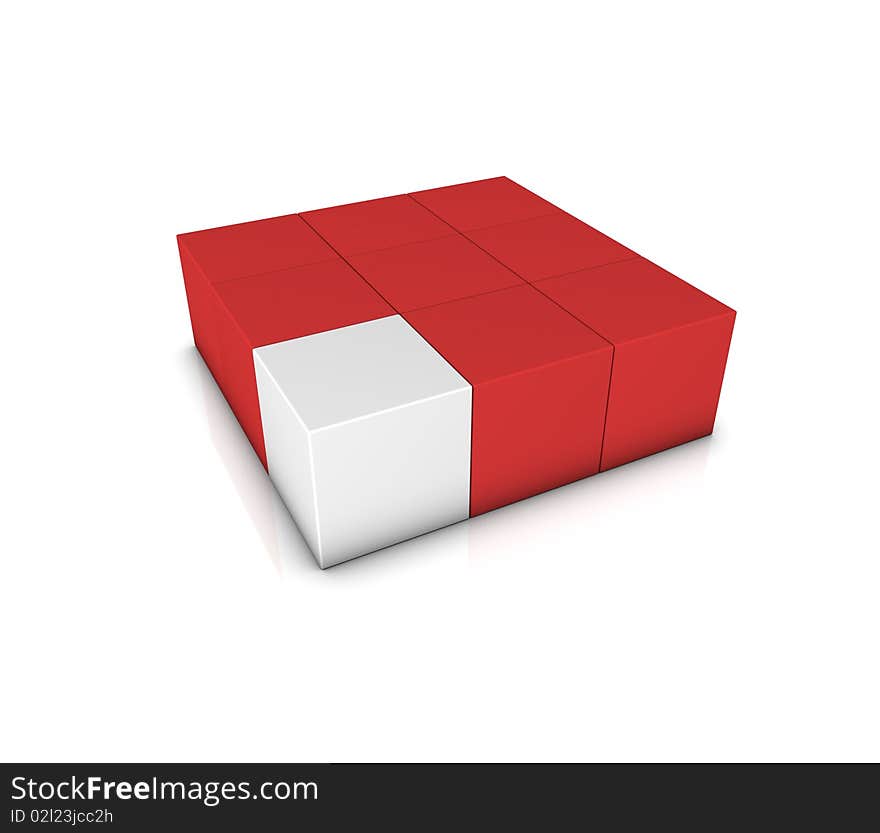 Red cube one in white